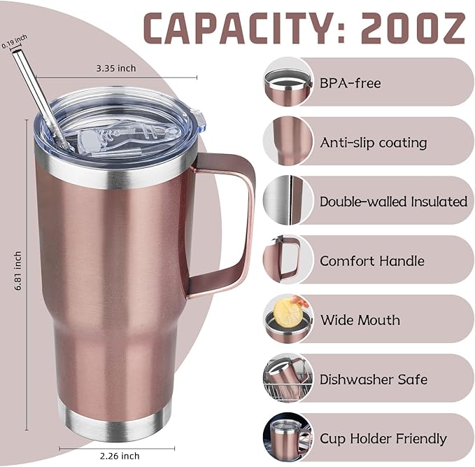 20oz Rose Gold Stainless Steel Insulated Tumbler with Handle, 4 Pack