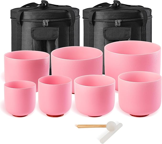 432HZ 6-12 Inch Pink Color Frosted Quartz Crystal Singing Bowls Chakra Set of 7 with Carry Case Bags for Sound Healing and Meditation