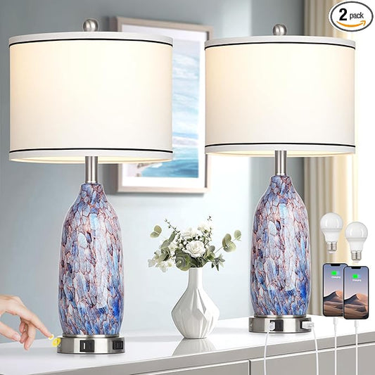 26" Coastal Glass Table Lamps Set of 2 for Living Room, 3 Way Touch Bedside Lamp for Bedroom, Nautical Beachy Lamp with USB A+C Ports and AC Outlet for Nightstand, 2 LED Bulbs Included - Bloomnest