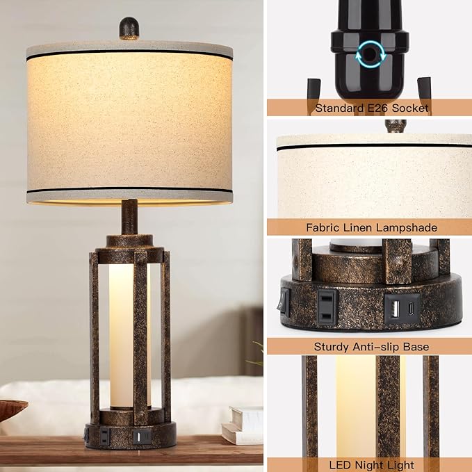 26" Farmhouse Table Lamps Set of 2, Vintage Rustic Industrial Beside Lamps with USB A+C Charging Ports & AC Outlet, Nightstand Lamp with Glass Night Light & Linen Fabric Shade for Living Room Bedrooms - Bloomnest