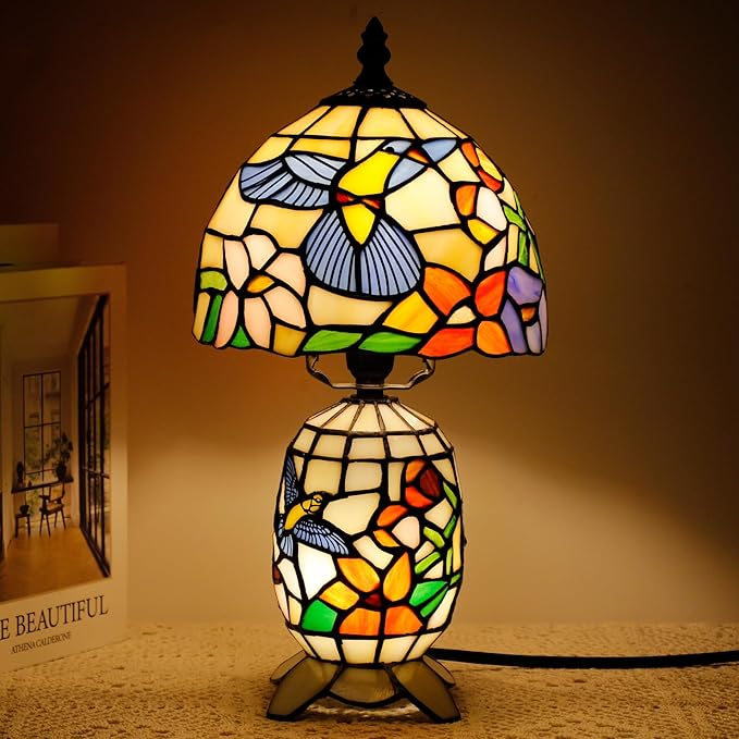 Small Tiffany Lamp Stained Glass Table Lamp Mini Mother Daughter Vase Desk Accent Light for Bedroom Bedside Reading Home Antique Style Decor 8X14 Inches (Hummingbird) - Bloomnest