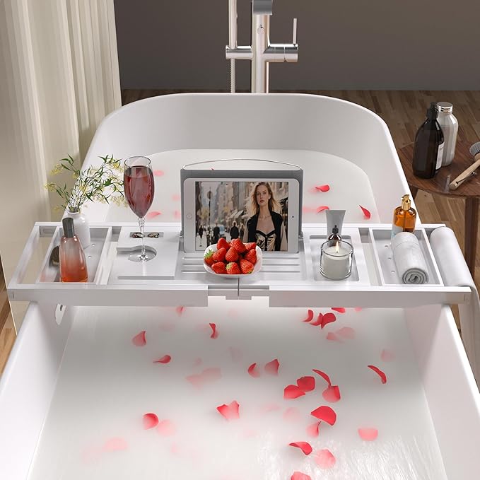 Bathtub Caddy Tray for Tub,Foldable Bath Table Trays,Bamboo Shelf with Book and Wine Glass Holder,Bathroom Accessories Suitable for Luxury Spa or Reading,White - Bloomnest
