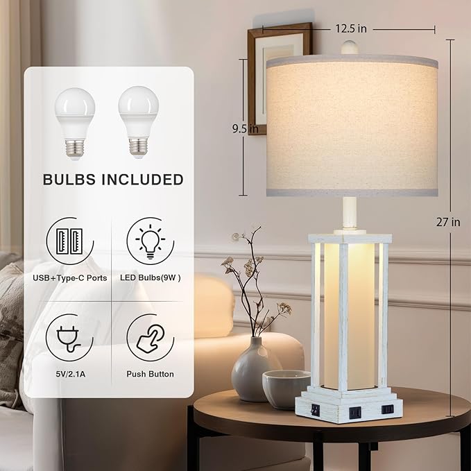 27" Tall Vintage Table Lamp Set of 2 with USB C+A & Outlet,Nightstand Lamp for Living Room,Bedside Lamps with Frosted Glass Night Light for Bedroom Entryway,White - Bloomnest