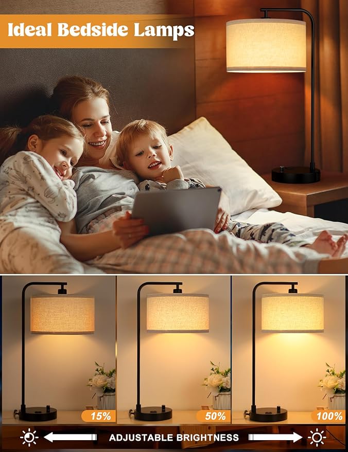 Tall Table Lamp with USB Port and Outlet, Dimmable Nightstand Bedside Lamps with Linen Lampshade, Desk Lamp for Bedroom, Living Room, Guest Room, Home Office, LED Bulb Included - Bloomnest