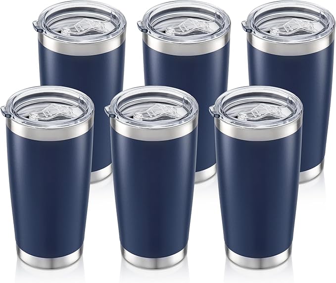 20 oz Tumbler Bulk with Lid Stainless Steel Insulated Tumblers Double Wall Vacuum Coffee Mug Powder Coated Tumbler Cups for Cold and Hot Drinks, Navy, 6 pack