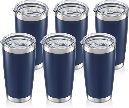 20 oz Tumbler Bulk with Lid Stainless Steel Insulated Tumblers Double Wall Vacuum Coffee Mug Powder Coated Tumbler Cups for Cold and Hot Drinks, Navy, 6 pack