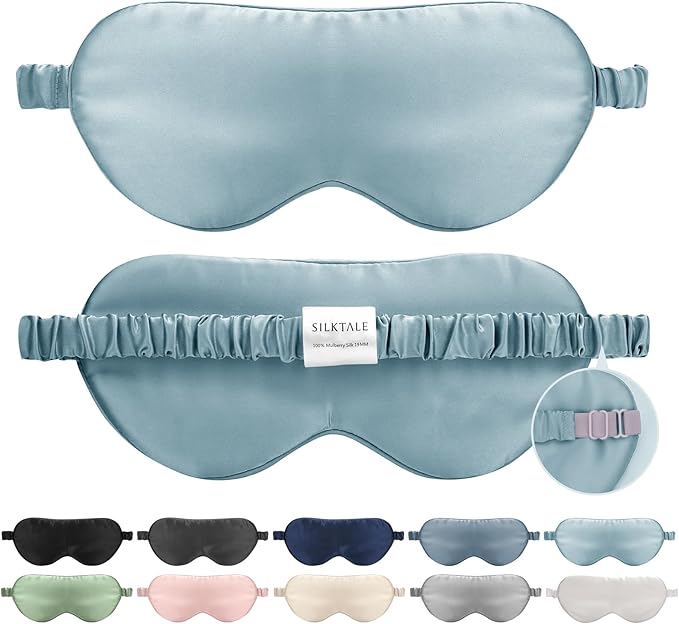 Mulberry Silk Blackout Adjustable Sleep Eye Mask for Men/Women Travel Plane,Pale Blue - Bloomnest