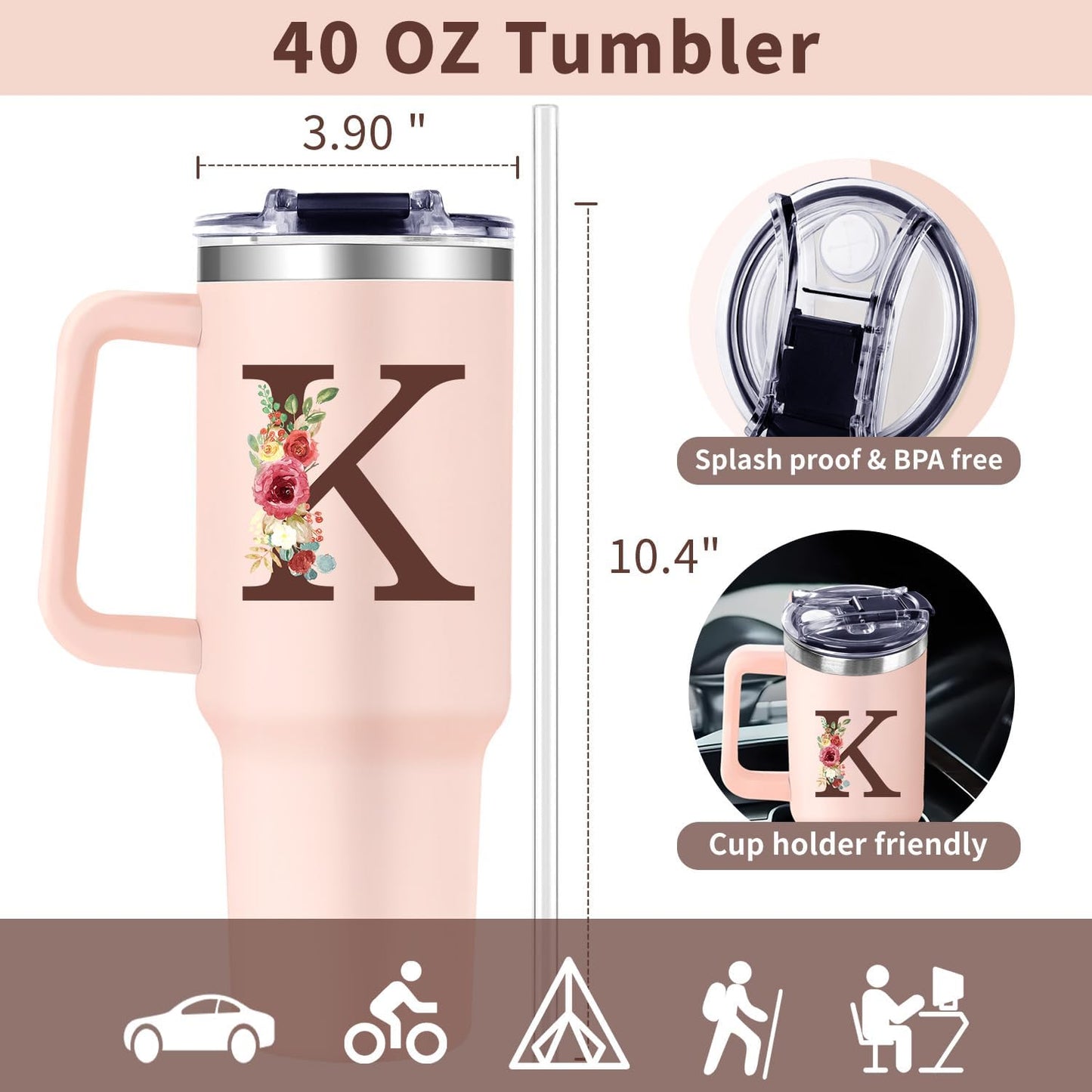 Monogrammed 40oz Tumbler with Handle for Women, Personalized Birthday Gifts for Women,Initial Cups for Woman Floral Letter K,Customized Gifts for Female Lady Gift for Mothers Day Christmas