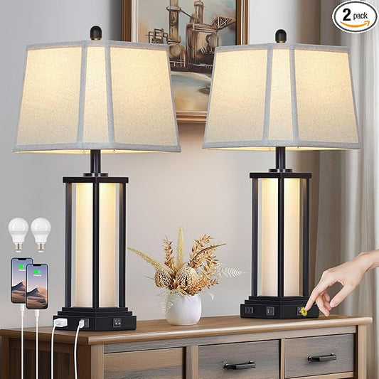 27" Tall Vintage Table Lamp Set of 2 with USB C+A & Outlet,Black Industrial End Table Lamp for Living Room,Farmhouse Rustic Bedside Lamps with Bell Lampshades for Bedroom Nightstand,Black - Bloomnest