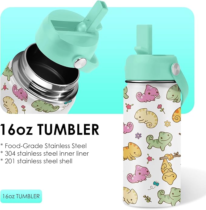 Axolotl Gifts for Girls - 16oz Green Axolotl Water Bottle with Straw Lid, Stainless Steel Insulated Tumbler, Leak Proof, for Boys, Sport, Travel, School - Animal Lovers Children Birthday Gift Cup(1pc) - Bloomnest