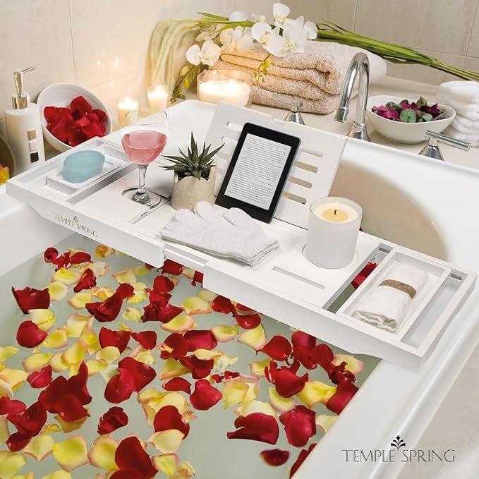 Temple Spring Wooden Bathtub Tray, Bamboo Bathroom Accessories, Bath Tray for Tub, at Home Spa Essentials, Board for Tub Table, Bath Caddy for Bathtub Accessories & Bathroom Essentials – White - Bloomnest