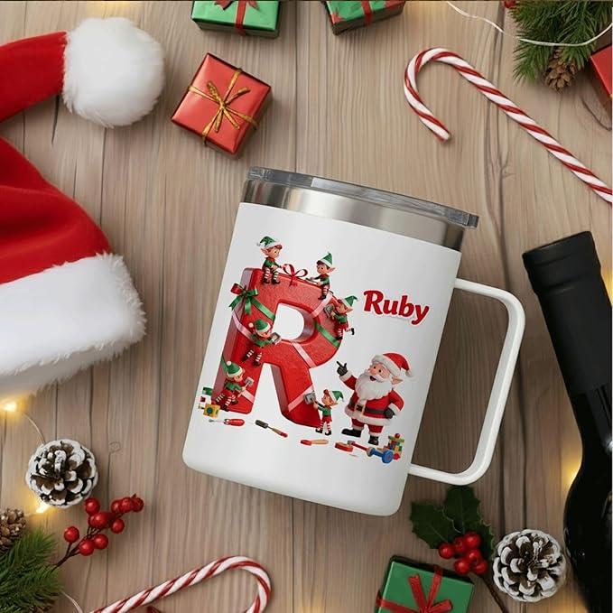 Personalized Christmas Mug | Custom Santa's Workshop Initial Insulated Coffee Cup with Handle & Lid | 12oz Holiday Tumbler, Cute Elf Gift for Kids, Boys & Girls (B16) - Bloomnest