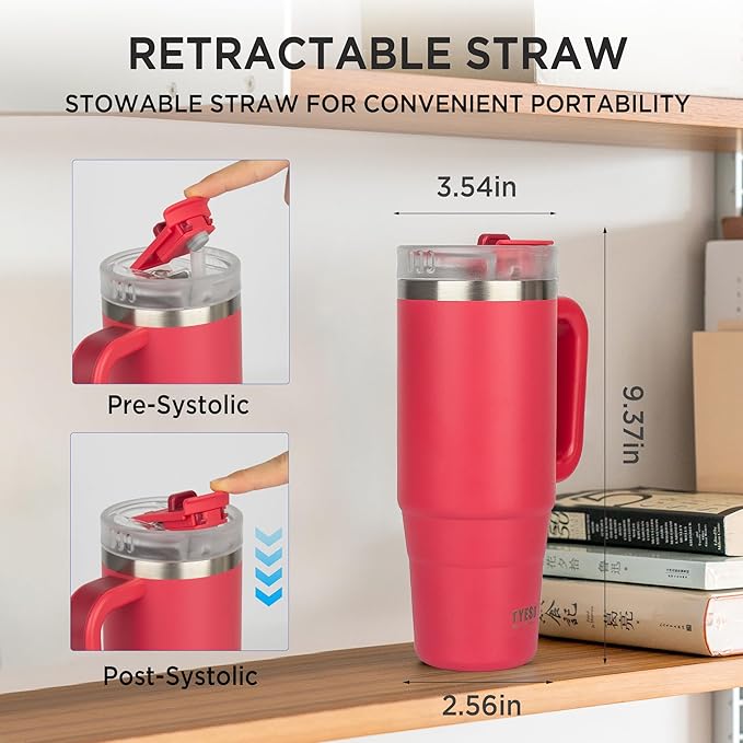 Tyeso 30 oz Tumbler with Handle, Straw and Lid - Leak Resistant Insulated Stainless Steel Water Bottle, Car Cup Holder Friendly Travel Coffee Mug Rose - Gifts for Men & Women - Bloomnest