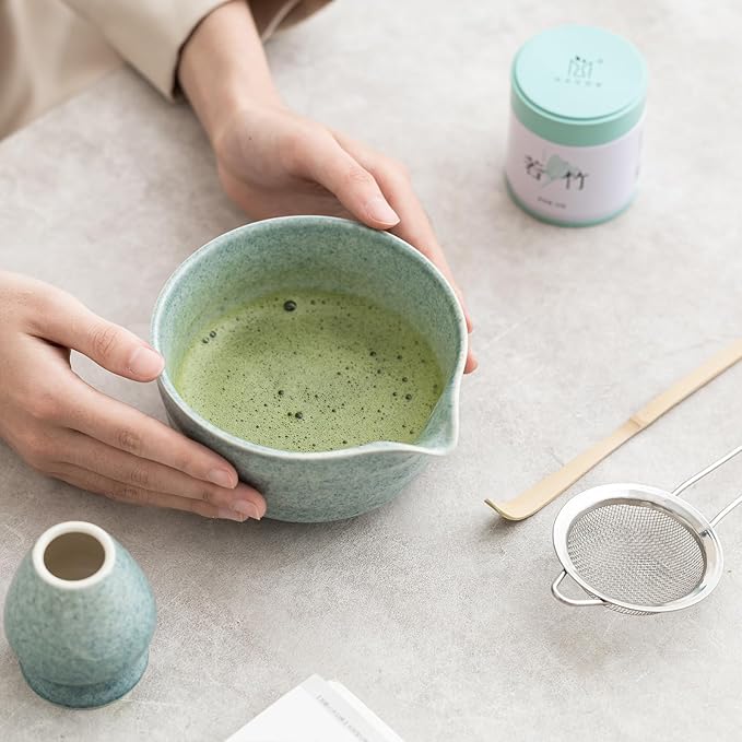 Matcha Kit Set, Matcha Whisk Set Includes Matcha Bowl And Holder, Bamboo Matcha Whisk, Scoop and Matcha Sifter, 17 oz Mottled Blue Glaze Ceramic Matcha Kit for Tea Lovers - Bloomnest