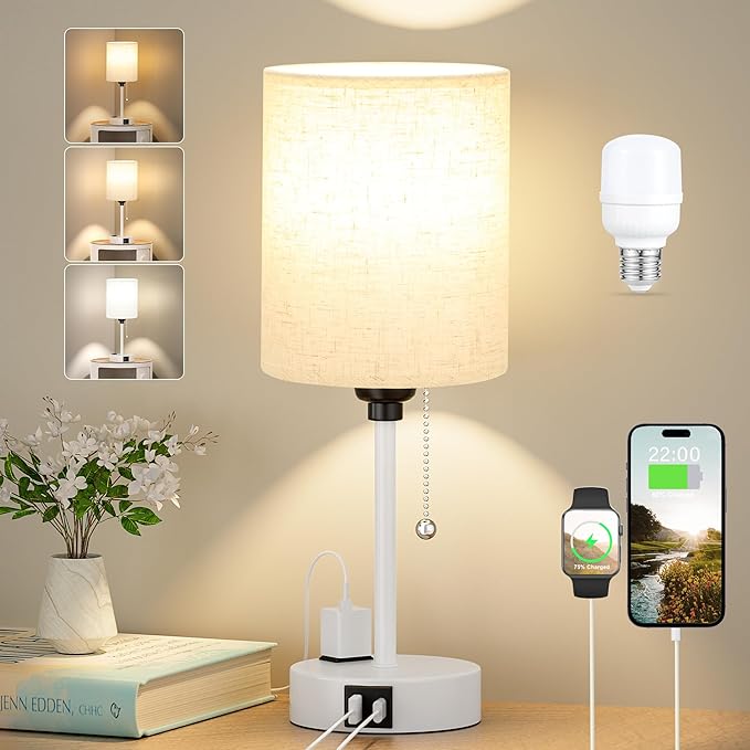 Small Bedside Lamp for Bedroom Nightstand - 3000K 4000K 5000K Bedside Lamps with USB C and A Ports, Pull Chain Table Lamps with AC Outlet, Nightstand Lamps with White Metal Base for Kids Reading - Bloomnest