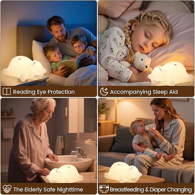Sleepy Snoring Bear Night Light,Novelty Nursery Nightlight for Kids, Dimmable/Timer/Rechargeable USB-C, Food-Grade Silicone LED Squishy Animal Bedside Lamp,Funny Gifts for Boys Girls Baby,Room Decor - Bloomnest