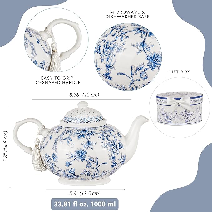 Bone China Blue Flowers Teapot in Gift Box 33.81 fl oz (1000 ml) - Bloomnest