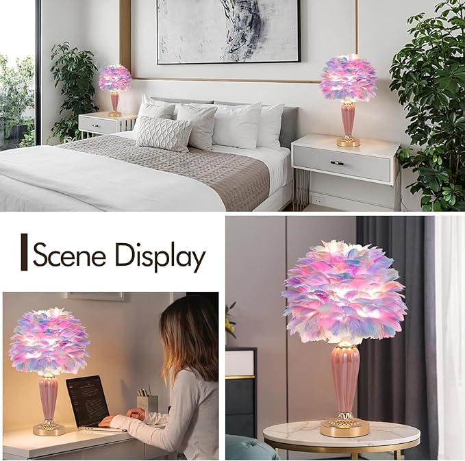 Colorful Feather Lamp Fluffy Table Lamp Furry Bedside Lamp Romantic Princess Lights Goose Feather Night Light for Bedroom Wedding Decor Valentines Dating Livingroom Hotel Office - Bloomnest