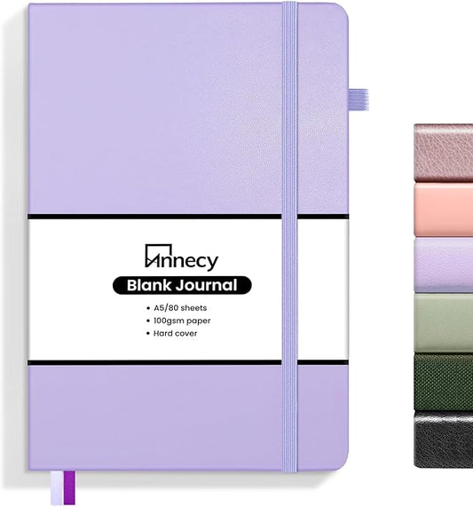 Annecy Blank Journal Notebook, Medium 5.5x 8.25, 160 Pages 100GSM Writing Paper, A5 Purple Faux Leather Cover with Pen Loop - Bloomnest