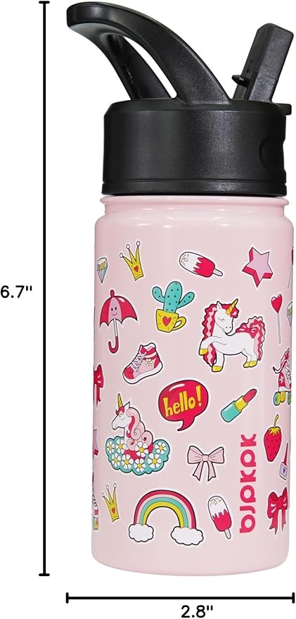 BJPKPK Insulated Water Bottle with Straw Lid, 15 oz Stainless Steel Metal Water Bottles, Reusable Leak Proof BPA Free Water Bottles, Cups, Thermo, Unicorn - Bloomnest