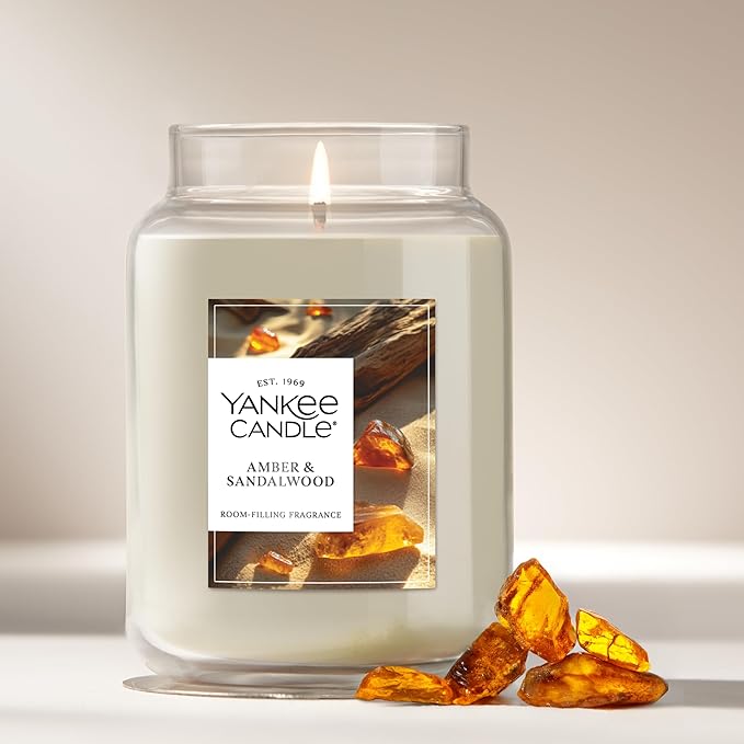 Yankee Candle, Amber & Sandalwood Fall Scented Candle, 22oz Large Jar with up to 150 Hour Burn Time - Bloomnest