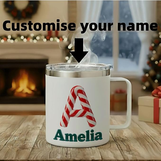Personalized Christmas Insulated Coffee Mug with Handle – Custom Candy Cane Double Wall Stainless Steel Travel Tumbler for Drinks – Unique Holiday Gift for Men, Women, & Kids (B112) - Bloomnest