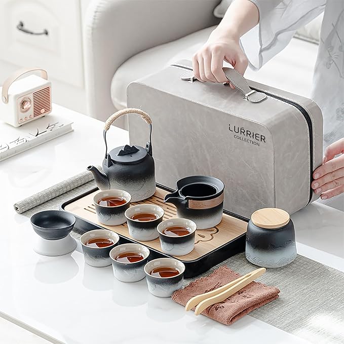 LURRIER Gongfu tea sets, Portable Ceramic TeaSet, Asian Tea sets for adult, Tea Gift sets, Grey leather case, Portable Travel Bag,Home,Gifting,Outdoor and Office(Black and White) - Bloomnest