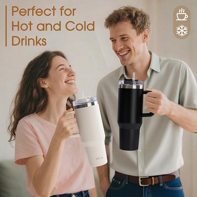 Premium 2-Pack 40oz Tumbler with Handle and Straw, Insulated Stainless Steel Travel Mug, Double Wall Vacuum Leak-Proof Cup for Hot & Cold Drinks, Fits Cup Holder, Ideal for Coffee, Water, Sports - Bloomnest