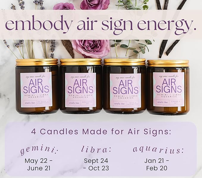 Aquarius, Gemini, Libra Gifts for Women - Wood Wick Candles, 4 Pack Small Candles Set for Women. 6oz Natural Soy Wax, Scented Aromatherapy Set for Home. Zodiac Astrology Birthday Spiritual Gifts - Bloomnest
