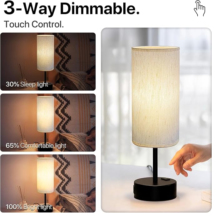 KPQ Small Bedside Lamp Touch Control Table Lamp with USB A+C Charging Ports & AC Outlet 3-Way Dimmable Nightstand Lamp with Linen Fabric Shade for Bedroom Living Room - Bloomnest