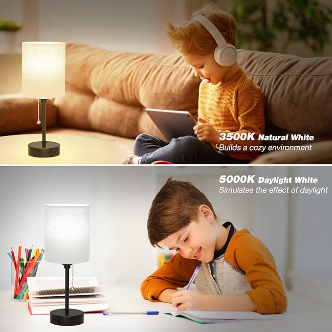Beige Small Lamps 3 Levels Brightness - 3000K 4000K 5000K Bedside Lamps with USB C and A Ports, Pull Chain Table Lamps with AC Outlet, Nightstand Lamps with Black Metal Base for Bedroom Kids Reading - Bloomnest