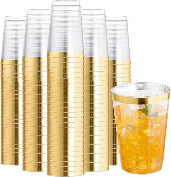 I00000 200 Pack 12 oz Gold Plastic Cups, Clear Disposable Cups, Disposable Plastic Wine Glasses Cocktail Glasses Premium Cups with Gold Rim, 12 Ounce Tumblers for Party & Wedding - Bloomnest