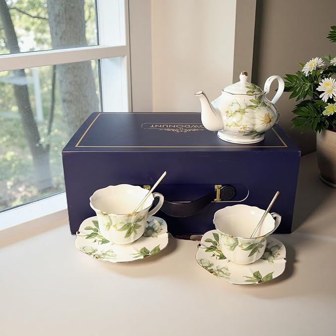Vintage Floral Porcelain Bone China Tea Set - 1 Teapot, 2 Cups & Saucers with Gold Trim, Includes 2 Spoon (White Camellia) - Bloomnest