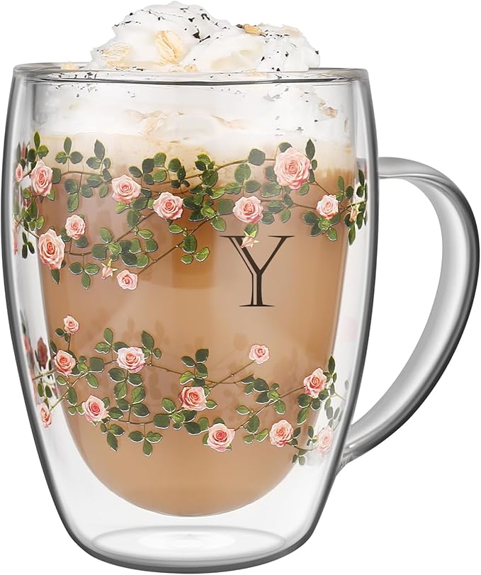 Initial Glass Cup for Women, 12oz Rose Double Walled Glass Coffee Mugs, Personalized Gifts for Women, Initial Coffee Tea Mug with Scarf, Birthday Wedding Gifts for Her Mom Teacher (ROSE-Y) - Bloomnest
