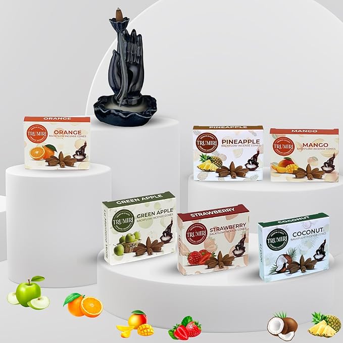 Fruity - Backflow Incense Cones for Waterfall - Scented Inscents-Cones - Pineapple, Strawberry, Coconut, Mango, Apple, Orange - Insiensos Aromaticos - 6x10=60 Large Variety Pack