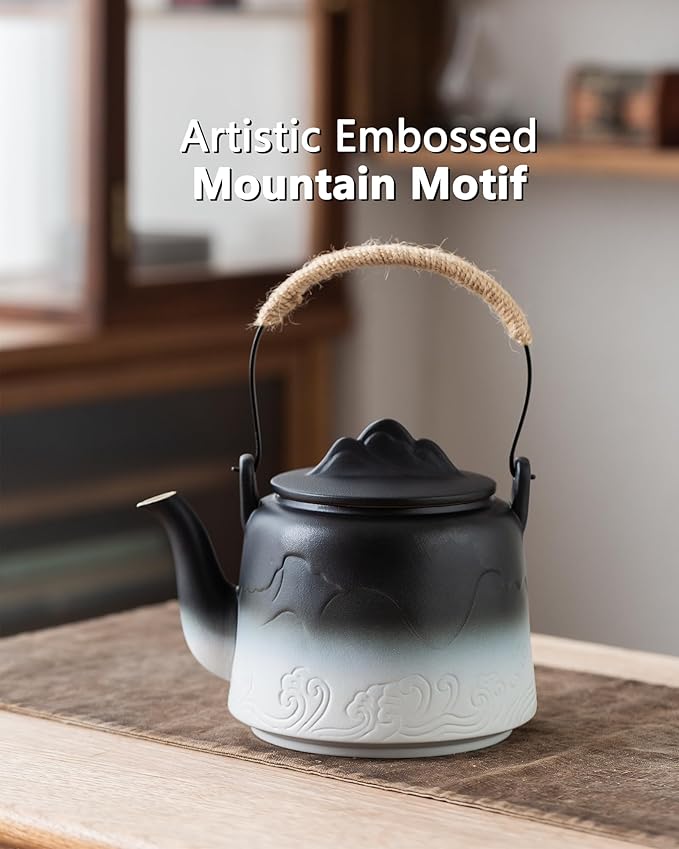 ZENS Vintage Japanese Teapot, 33.8 oz Gradient Embossed Ceramic Loose Leaf Tea Pot with Built-in Filter for Tea Steeper, Hemp Rope Handle Japanese Teapot for Tea Lovers Gifts, Black & White - Bloomnest