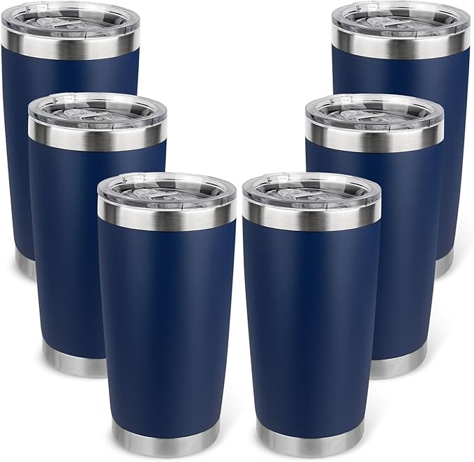 20oz Stainless Steel Tumbler Bulk with Lid, Travel Mug - Double Wall Vacuum Powder Coated Cup - Navy Blue, 6 Pack - Bloomnest
