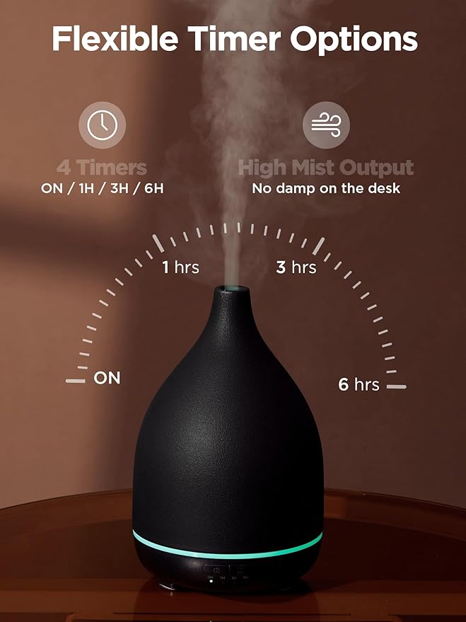 InnoGear Oil Diffuser, 300ML Ceramic Diffuser for Essential Oils Handcrafted Aromatherapy Diffuser Ultrasonic Cool Mist Humidifier with 4 Timers Waterless Auto Off for Room Office, Black - Bloomnest