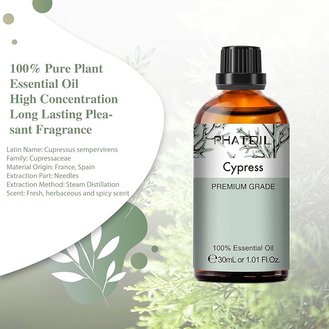 Cypress Essential Oil, 1.01Fl.Oz (30ML) PHATOIL Pure Essential Oil Singles for Aromatherapy Diffusers, Humidifiers, Great for DIY Candle and Soap Making, Gift for Friend PHATOIL