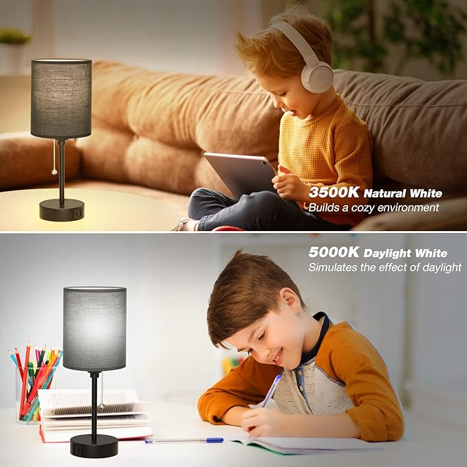 Dicoool Black Bedroom Lamp 3 Color Temperatures - Small Bedside Lamps with USB C and A Ports, Pull Chain Table Lamps with AC Outlet, Black Nightstand Light for Kids Sleeping - Bloomnest