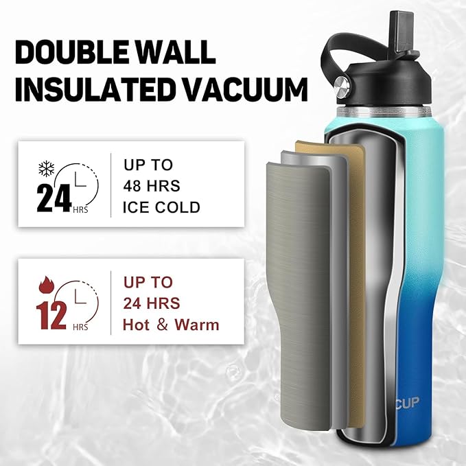 Insulated Water Bottle 40oz with Straw/Spout Lids, Stainless Steel Water Bottles Keep Cold 24h&Hot 12h, Metal Water Bottle with Straw that Fits in Cup Holder, Water Bottle Leak-proof,BPA Free - Bloomnest