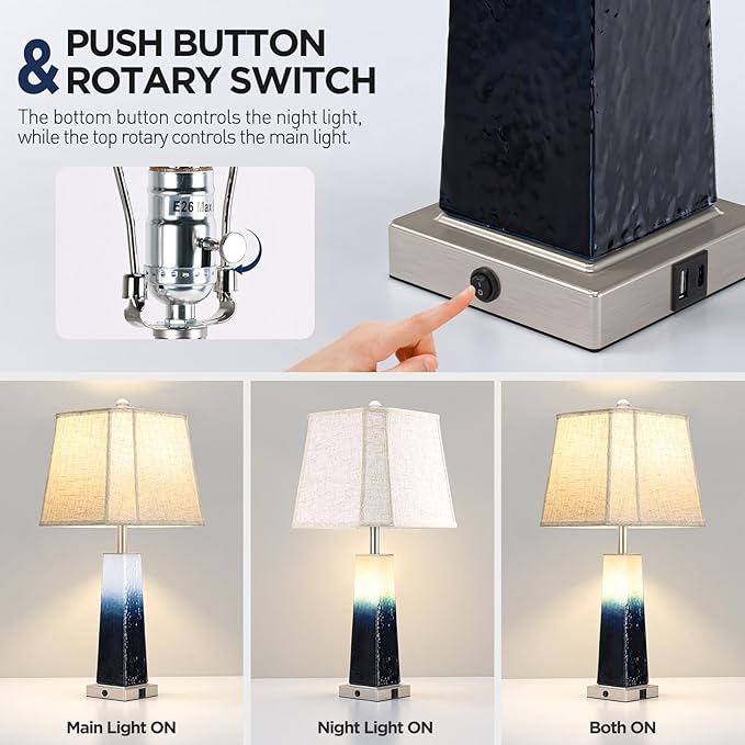 Coastal Blue Glass Table Lamp with Night Light & USB C+A Ports - 28" Extra Large Bedroom Lamp with Integrated Fabric Lampshade for Living Room Nightstand, Bulb Included, 1Pack - Bloomnest