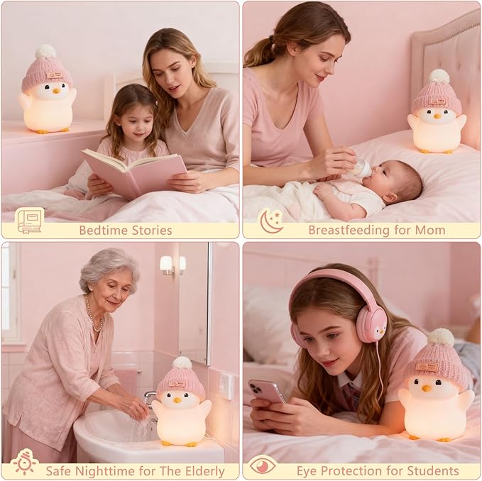 Penguin Night Light, Cute Pink Penguin Lamp with Knit Hat, Soft Silicone Nursery Nightlight for Baby, Rechargeable/Dimmable/Timer,LED Squishy Novelty Animal Bedside Lamp,Funny Gifts for Kids - Bloomnest