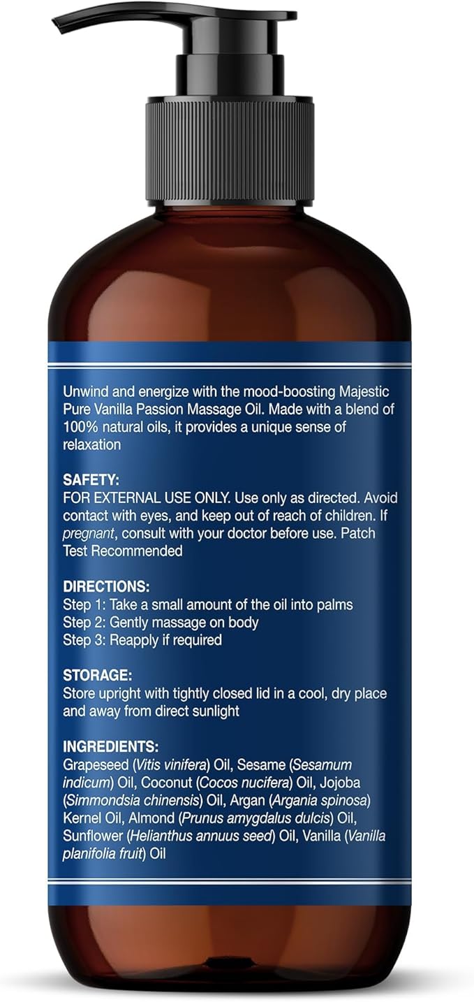 MAJESTIC PURE Vanilla Passion Massage Oil for Massage Therapy - Refreshing, and Relaxing - Natural Oils with Vanilla Oil, Coffee Oil & Shea Butter - for All Skin Types - Men and Women - 8 fl oz - Bloomnest