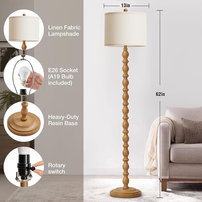 Luvkczc 62" Rustic Floor Lamp with 3 Color Temperatures, Retro Farmhouse Standing Lamp for Living Room, Bedroom, Corner, Dining Room - Rotary Switch Resin Floor Lamps for Home (Brown) - Bloomnest