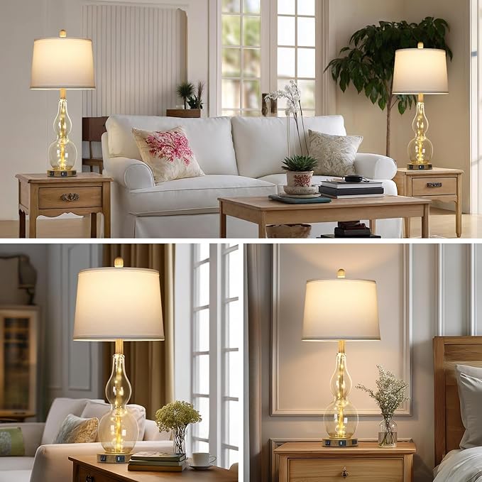27.5" Clear Glass Table Lamp Set of 2 with Night Light,Bedside Lamps with USB Ports and AC Outlet, Modern Nightstand Lamps Retro Farmhouse lamp for Bedroom Living Room - Bloomnest
