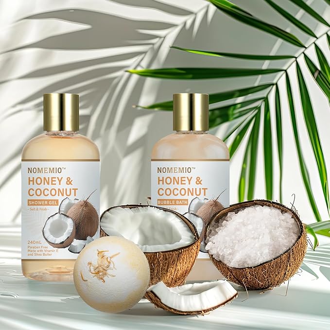 Valentine's Day Gift Baskets, Spa Gift Basket for Women, 11pcs Honey & Coconut Luxury Bath Gift Set, Spa Kit with Shower Gel, Bubble Bath, Bath Bombs , Beauty Gifts for Her, Women, Mom Birthday - Bloomnest