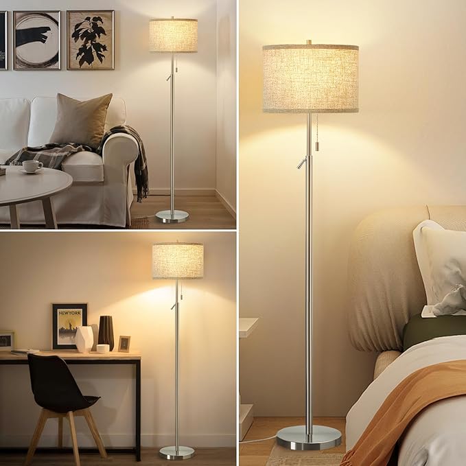 GyroVu Silver Floor Lamp, Height Adjustable Standing Lamp Tall Lamp with Fabric Lampshade&Pull Chain Corner Floor Lamps for Living Room, Bedroom & Office Bulbs Not Included(Silver) - Bloomnest
