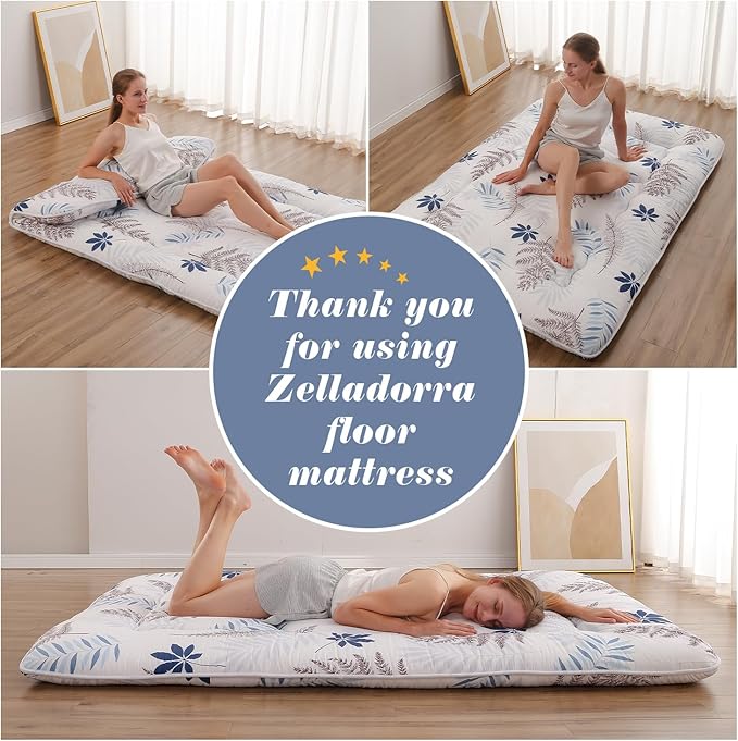 Japanese Floor Mattress, Futon Mattress with Portable Storage Bag and Washable Cover, Roll Up Thick Tatami Mat Suitable for Camping, Guest Room, White Leaf, Queen - Bloomnest