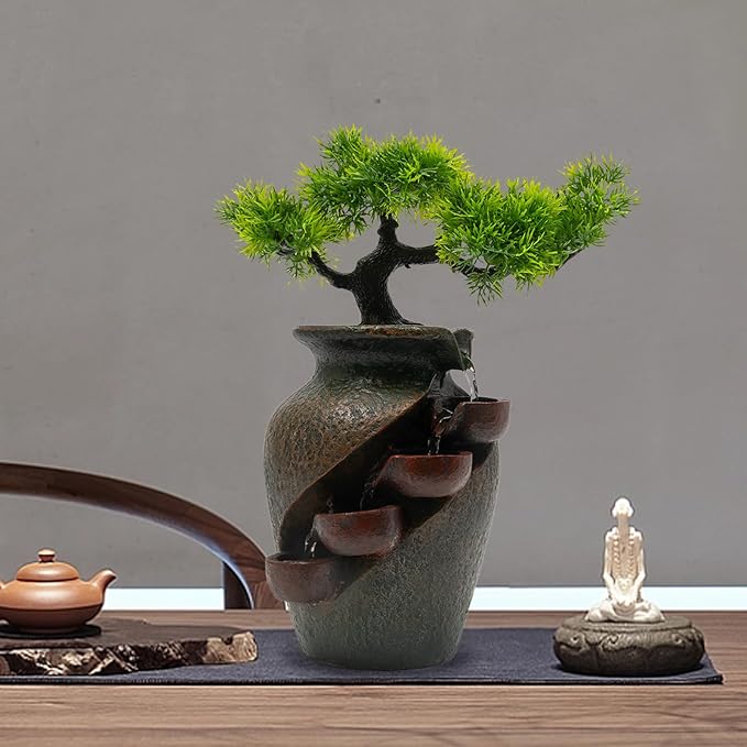 8.7inch Vase Type Artificial Bonsai Tree Fake Plant Mini Tabletop Waterfall Fountain with Water Flow, Indoor Desktop Decoration for Office Restaurant Coffee Home Decor or Festival Birthday Surprise - Bloomnest